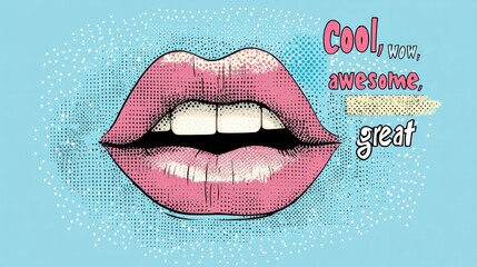 Obraz premium Halftone retro pop collage with a smiling mouth. Words of approval and praise cut out of a magazine. 