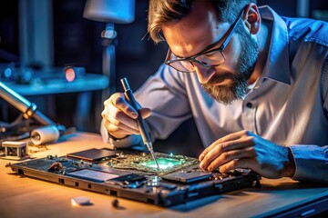 Obraz premium Low-light close-up reveals intricate micro-soldering on a laptop's circuit boardâ€”an expert tech's precision at work.