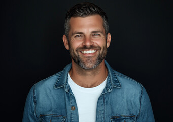 Fototapeta premium Studio portrait of a happy man wearing a denim shirt over a white t-shirt, set against a black background. He has short hair, a beard, and brown eyes, smiling with his teeth showing while looking dire