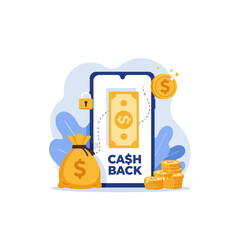 Cashback Promotion on Mobile with Coins and Money Bag Illustration