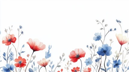 A vibrant watercolor illustration of blooming flowers in red and blue against a white background, creating a fresh and cheerful floral design.
