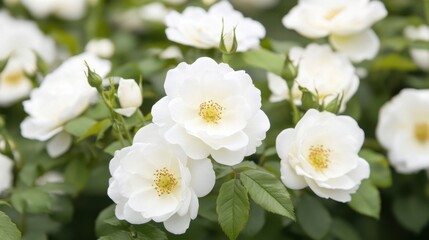 Fototapeta premium A cluster of delicate white flowers in full bloom, surrounded by lush green foliage, creating a serene and refreshing atmosphere.