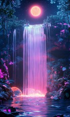 Fototapeta premium Enchanting cascade of light, moonlit stream, mystical forest illuminated with neon glow flora
