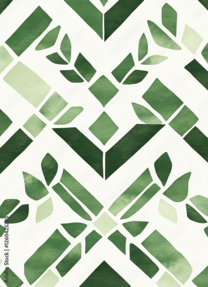 Poster a vibrant geometric pattern featuring green and white shapes, including leaves and diamonds, creatin