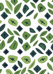 A vibrant pattern featuring various green leaves and geometric shapes on a white background, evoking a fresh and natural aesthetic.