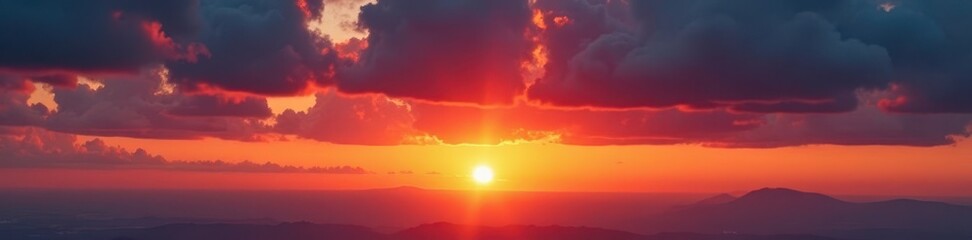 Fototapeta premium Heavy cloud cover glows vibrant orange as the sun dips below the horizon , scene, nature