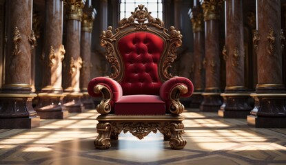 Fototapeta premium Luxurious Red Velvet Throne Chair in Opulent Palace with Grand Pillars and Soft Lighting, Ideal for Royal or Regal Themes in Interior Design Projects, Grand Hall of a Gilded Palace