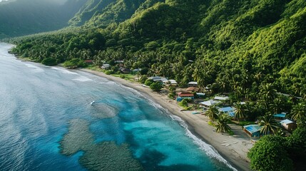 Beautiful beach with palm trees and houses on Samoa Island