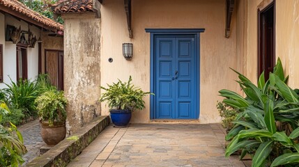 Fototapeta premium Beige wall in Galle, Sri Lanka with a blue door for architecture