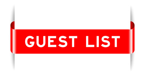 Red color inserted label banner with word guest list on white background