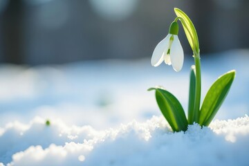 Delicate snowdrop buds unfolding on a pristine white surface, frosty, winter
