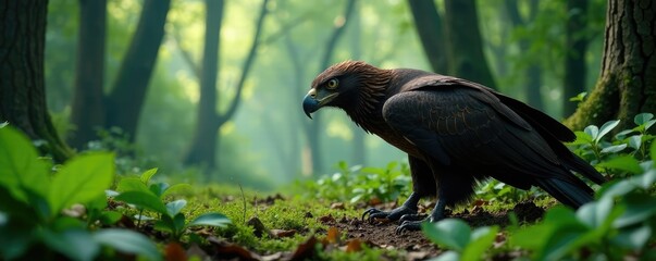 Fototapeta premium Dense foliage swallows the remains of a giant raptor, forest, nature, raptors