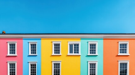 A vibrant, colorful building facade featuring pink, yellow, and blue walls under a clear blue sky.