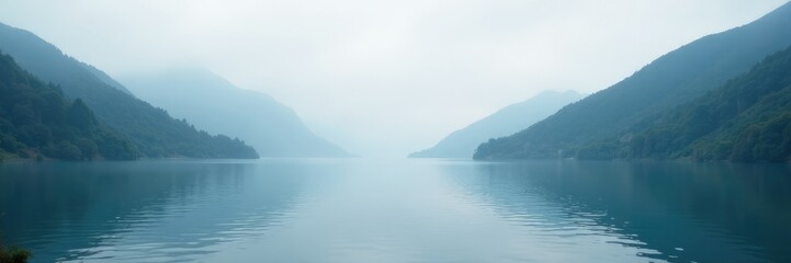 Foggy mountains rising above a quiet lake with ripples on the surface, foggy, rising