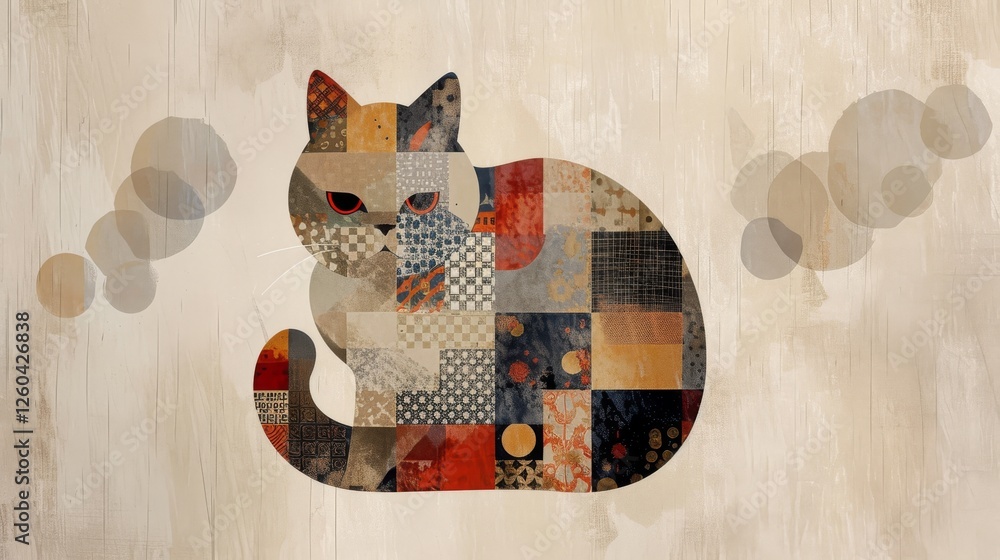 Aufkleber a unique patchwork cat illustration with geometric and colorful patterns against a neutral textured 