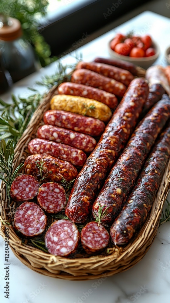 Poster a vibrant assortment of colorful sausages and fresh herbs arranged elegantly on a rustic platter, cr