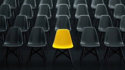Naklejka premium Bright Yellow Chair Stands Out in Sea of Black Chairs in Rows