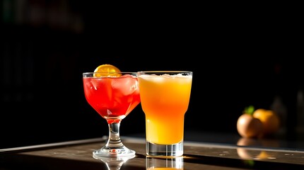 Close up shot of two Colorful Cocktails on Bar