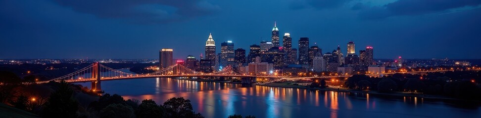 Obraz premium Dramatic nighttime panorama of Philadelphia's skyline, urban photography, river, skyscrapers