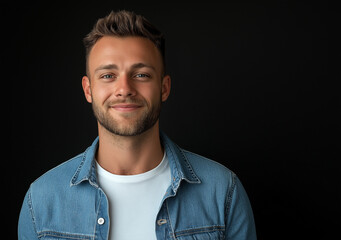 Obraz premium Studio portrait of a happy man wearing a denim shirt over a white t-shirt, set against a black background. He has short hair, a beard, and brown eyes, smiling with his teeth showing while looking dire