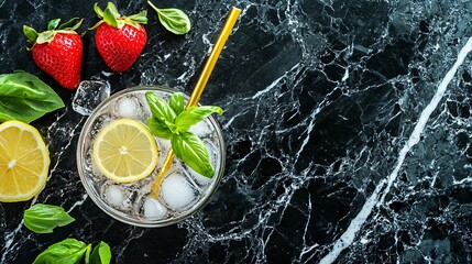 A top-down flat-lay of a gourmet strawberry basil lemonade drink with crushed ice, organic basil, and a golden straw, set on a black marble countertop