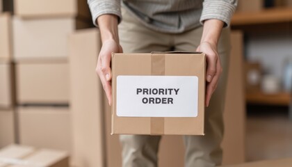 Individual Holding a Priority Order Package in a Warehouse Setting