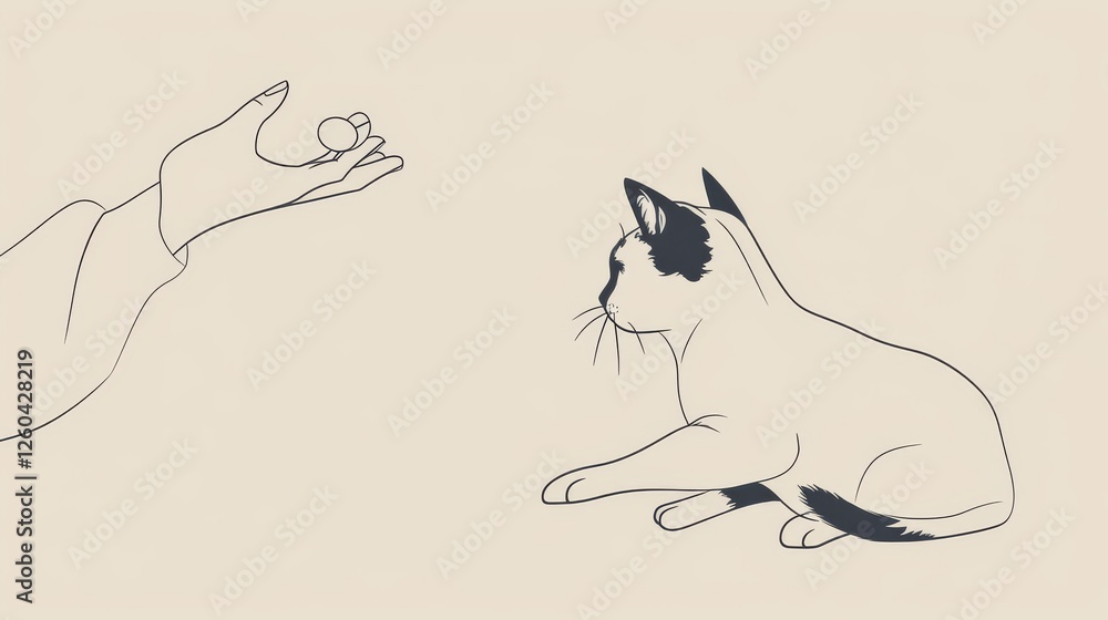 Poster minimalist line art of a cat observing a hand holding a small object, presenting an artistic interpr