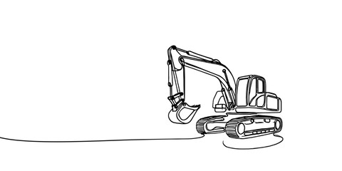 Excavator Continuous Line Drawing. One line illustration of construction equipment.