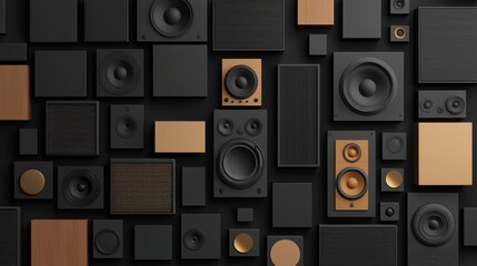Variety of Audio Speakers and Sound Equipment on Dark Background