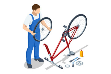 An isometric illustration of a man in blue overalls replacing a wheel on a red bicycle. The bike is upside down with various repair tools scattered around.