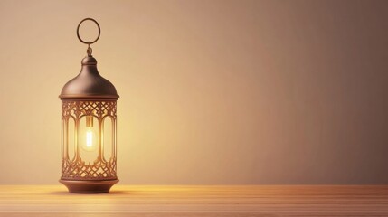 Obraz premium A beautifully designed vintage lantern emits a warm glow, resting on a wooden surface against a soft, neutral background.