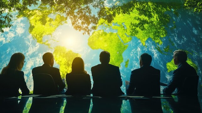 Global strategy meeting, business leaders planning for a sustainable future