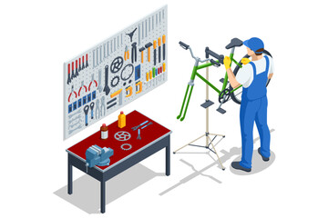An isometric illustration of a bicycle mechanic wearing gloves and fixing a green bike on a repair stand in a workshop. A workbench with tools is visible.