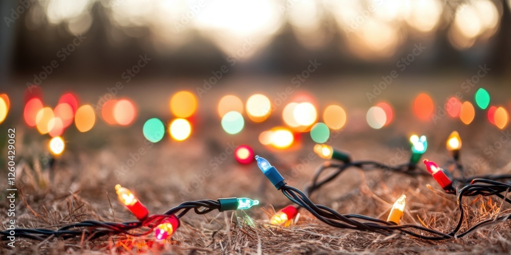 Poster colorful string lights are scattered on the ground, creating a warm and festive atmosphere against a