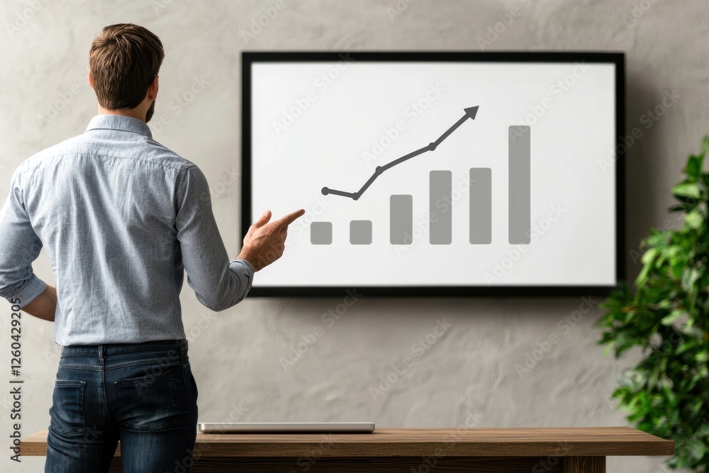 Poster a man stands before a chart on a wall, pointing at a rising graph that indicates growth and progress