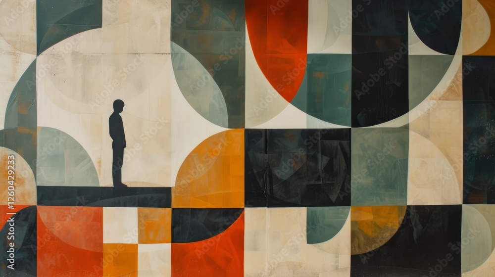 Poster a human silhouette stands against an abstract composition of geometric patterns in earthy tones and 