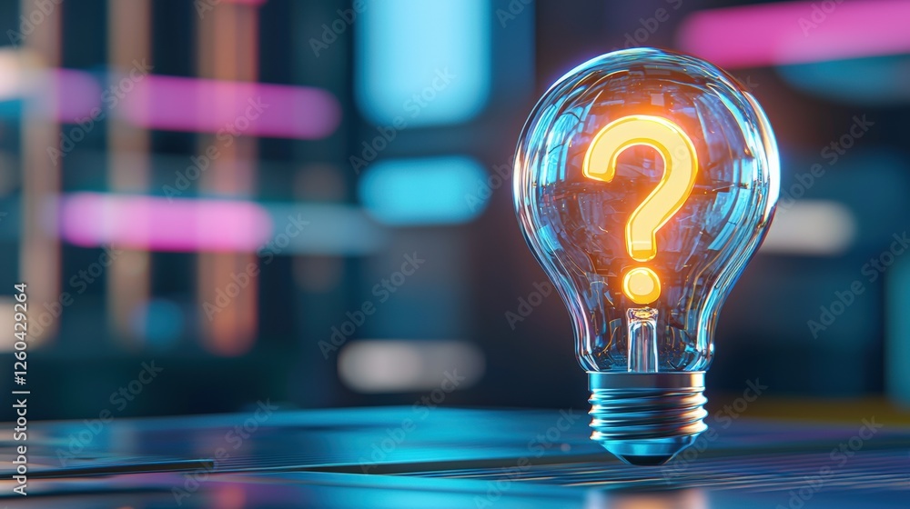 Poster light bulb with a glowing question mark inside.