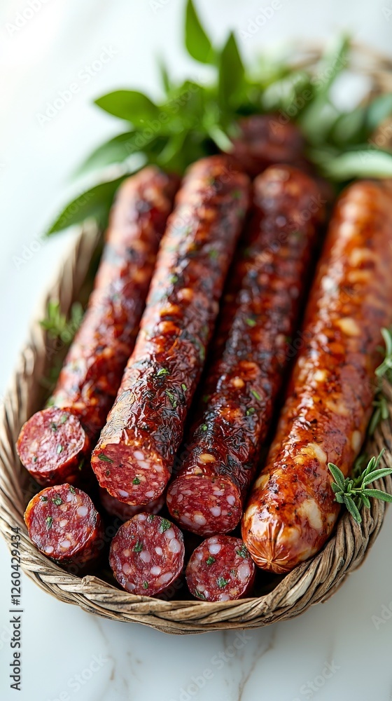 Poster a visually appealing assortment of flavored sausages arranged in a half-circle in a basket, presenti