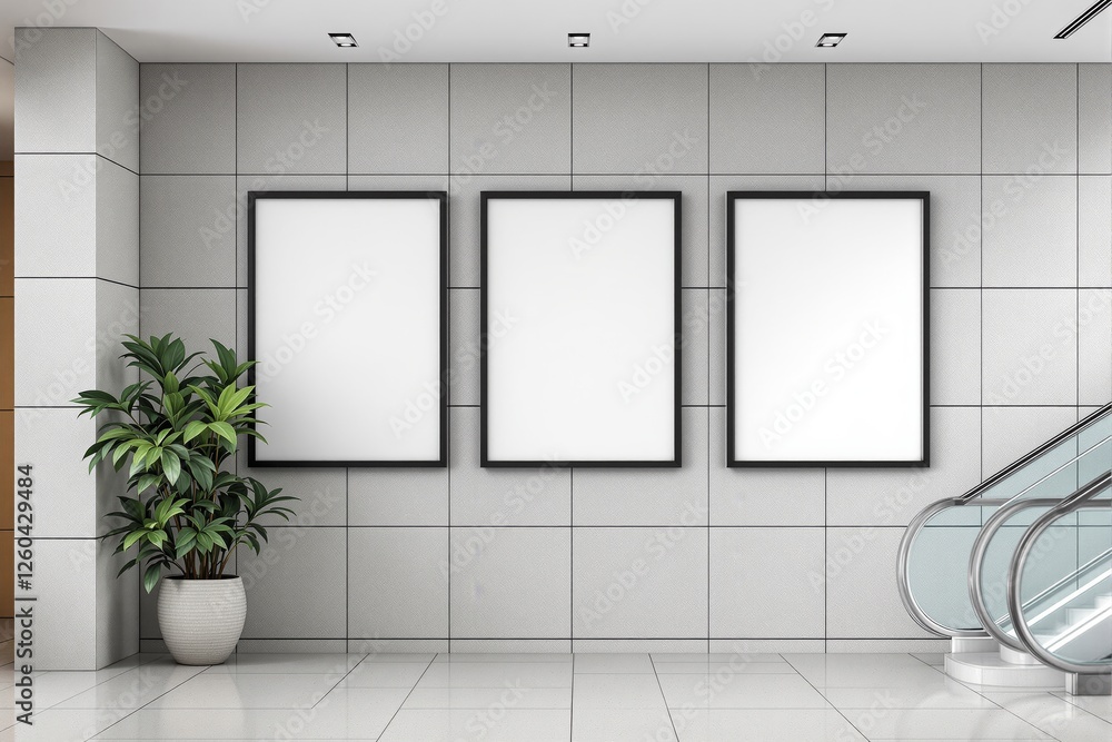 Poster three blank poster frames on a tiled wall in a modern interior with a potted plant and an escalator 