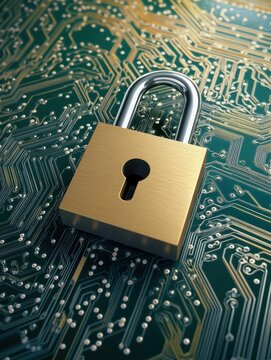 Digital Security A Padlock on a Circuit Board, 3D Render, Cyber Security, Data Protection, Digital Privacy