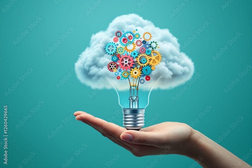 Poster a hand holds a lightbulb filled with colorful gears and topped with a cloud, symbolizing creativity 