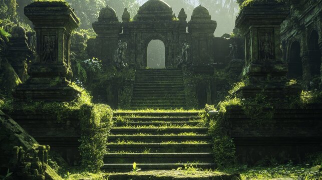 Lost ruins in Bali's Taman Nusa Cultural Park. Grass-covered steps lead to an old Asian temple made of stone with figures, domes, and arches.