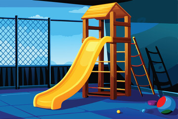 A vibrant children's playground featuring a rustic wooden climbing frame, slides, and swings, bathed in sunlight.