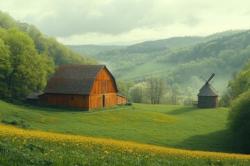 Obraz premium Wooden Barn In A Green Valley With Yellow Flowers