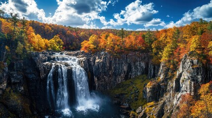Autumn Waterfall Landscape Majestic fall foliage surrounds a cascading waterfall, creating a picturesque scene perfect for nature documentaries or travel brochures