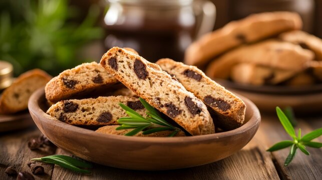 Delicious homemade biscotti with chocolate chips served on a wooden bowl next to freshly brewed coffee in a cozy atmosphere