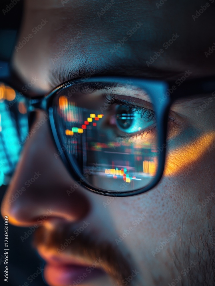 Poster focused crypto trader analyst wearing eyeglasses working looking at computer screen reflecting in gl