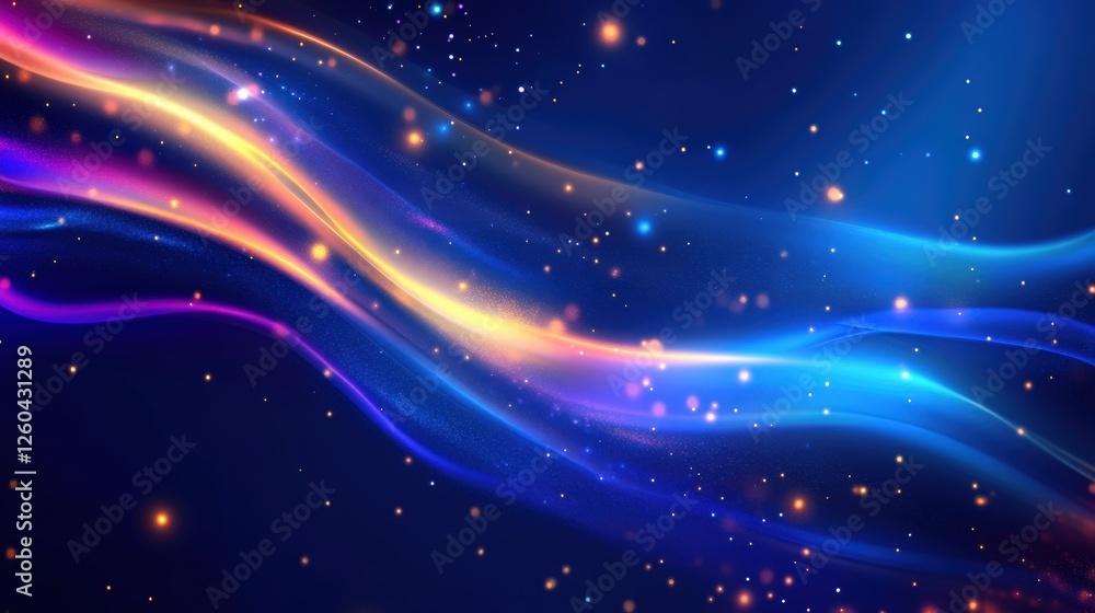 Poster a vibrant abstract background featuring flowing colorful waves with sparkling stars, perfect for cre