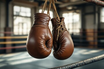 Classic brown leather boxing gloves suspended in an old boxing gym with a blurred background, emphasizing nostalgia, tradition, and sports heritage. Ai generative