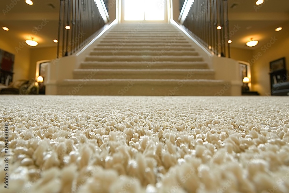 Poster a staircase with a carpeted floor and a light shining on it